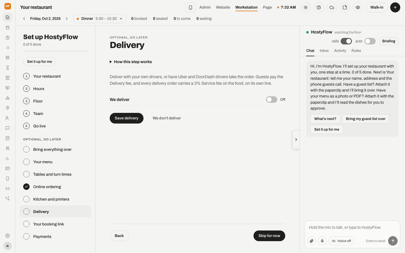 The Delivery step with We deliver, how far, the delivery fee and Save delivery.