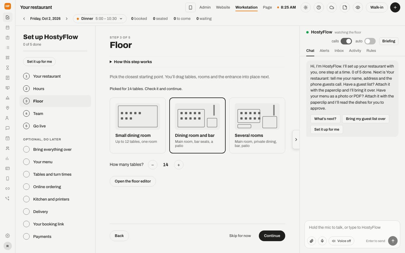 The Floor step with three starting layouts and the number of tables.