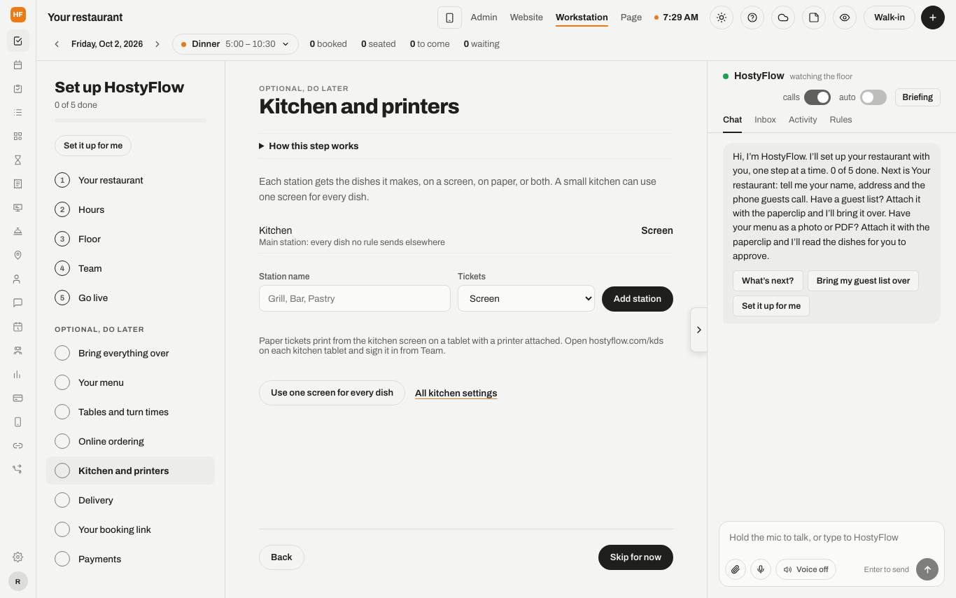 The Kitchen and printers step with the stations, their tickets and Add station.