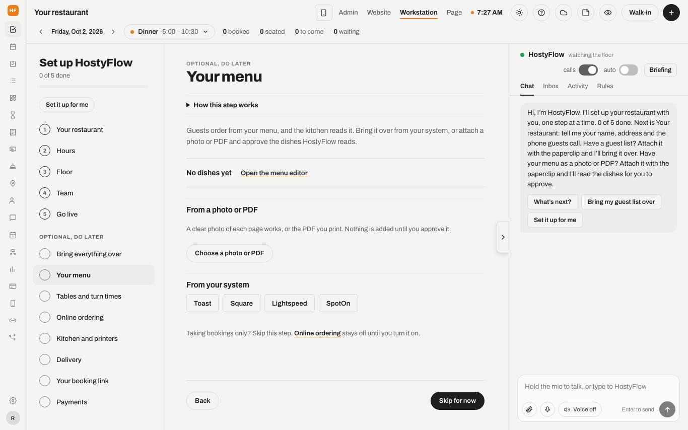The Your menu step with Choose a photo or PDF and the systems to bring the menu from.