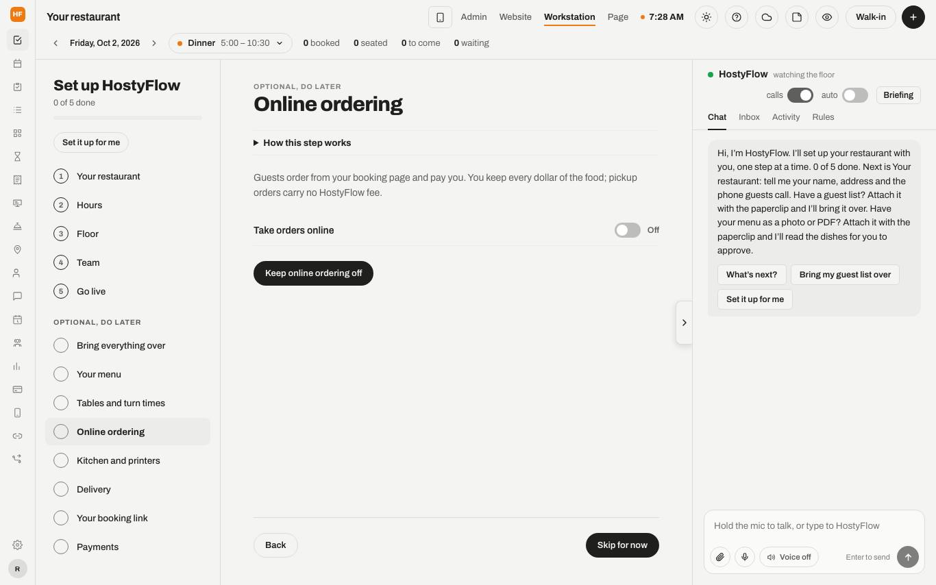 The Online ordering step with Take orders online, Pickup, prep time and sales tax.