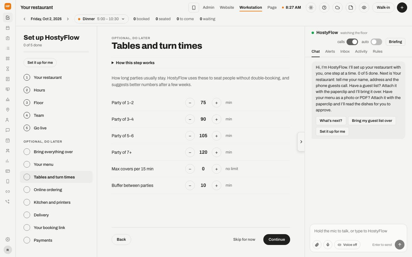 The Tables and turn times step with a time for each party size, covers per 15 minutes and the buffer.