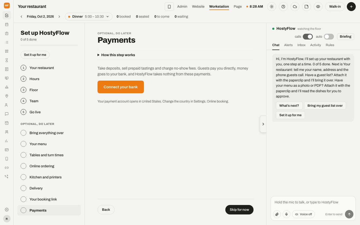 The Payments step with Connect your bank.