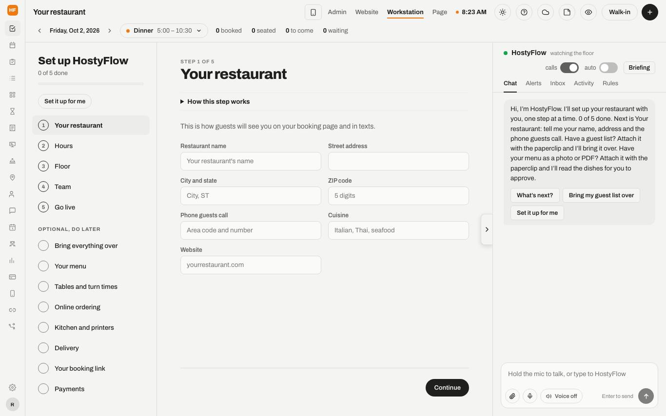 The Your restaurant step with the name, address, phone, cuisine and website fields.