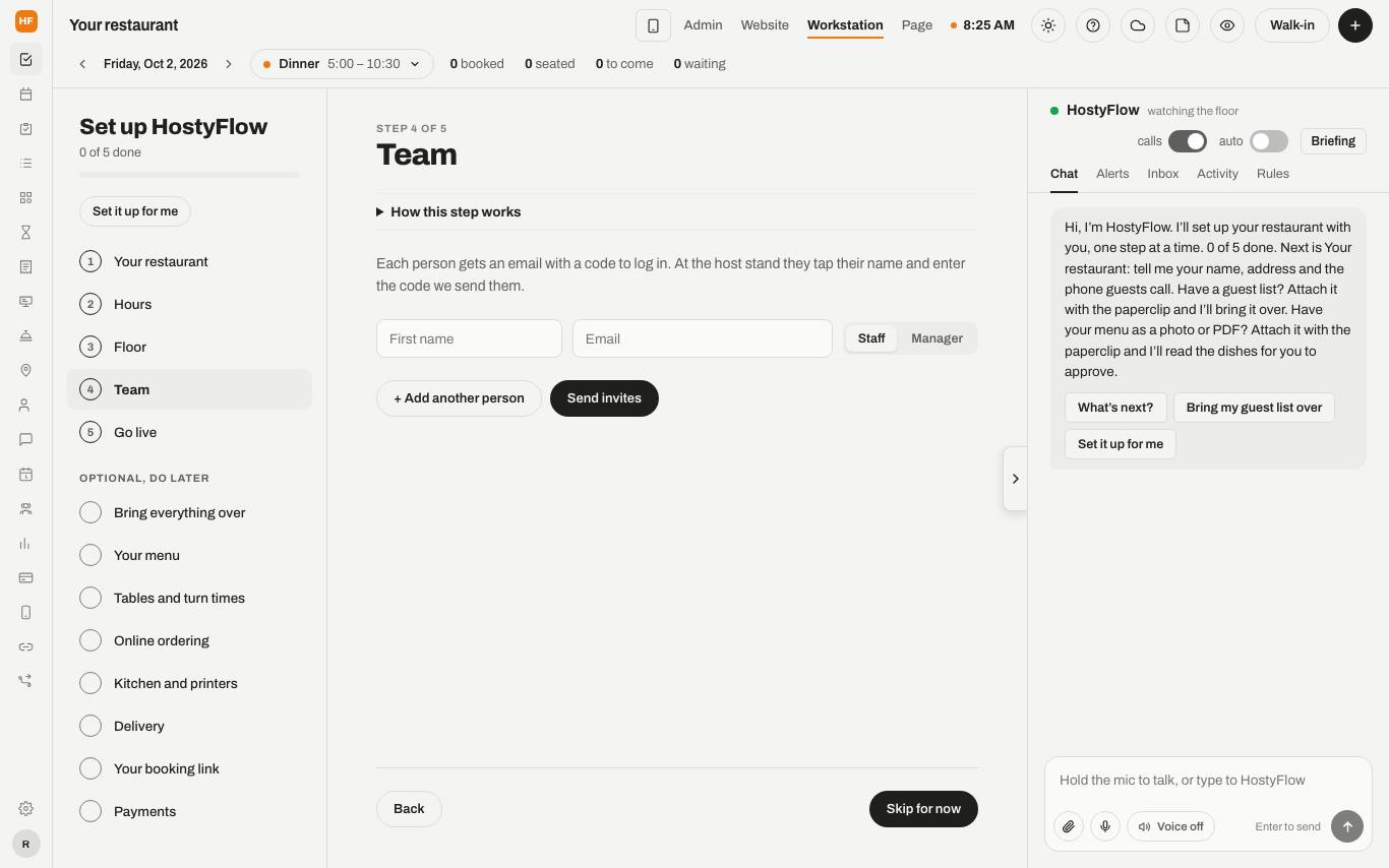 The Team step with a first name, email and Staff or Manager for each person.